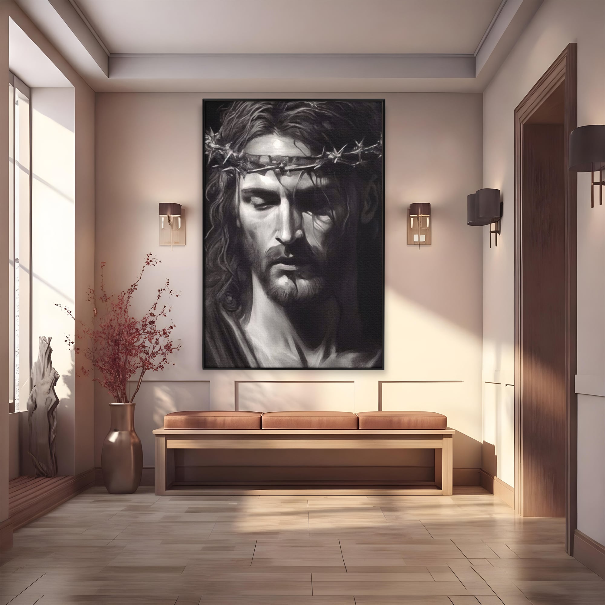 Tablou canvas cu tablou canvas cu portretul lui iisus, in rama de aluminiu negru